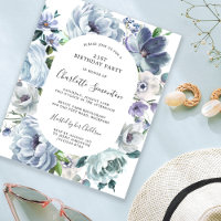 Budget Dusty Blue Floral 21st Birthday Invitation