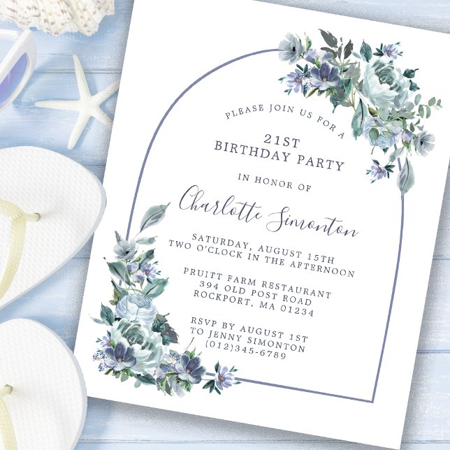 Budget Dusty Blue Floral 21st Birthday Invitation (Creator Uploaded)