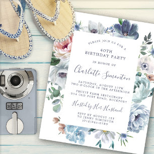 Budget Dusty Blue Floral 40th Birthday Invitation
