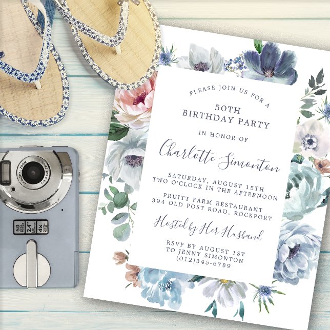 Budget Dusty Blue Floral 50th Birthday Invitation (Creator Uploaded)