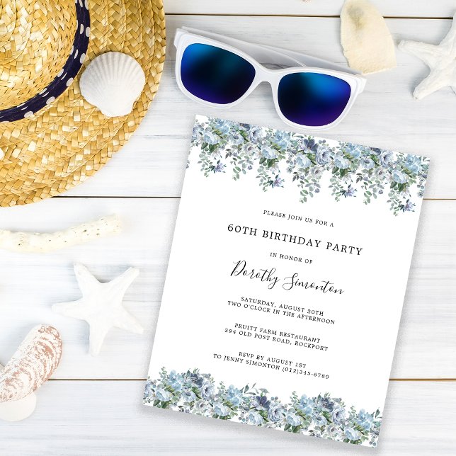 Budget Dusty Blue Floral 60th Birthday Invitation (Creator Uploaded)