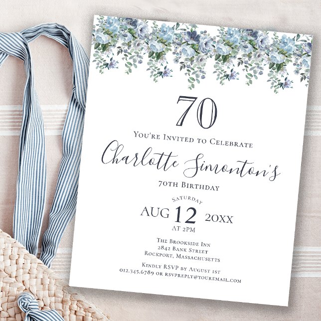 Budget Dusty Blue Floral 70th Birthday Invitation (Creator Uploaded)