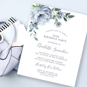 Budget Dusty Blue Floral 70th Birthday Invitation