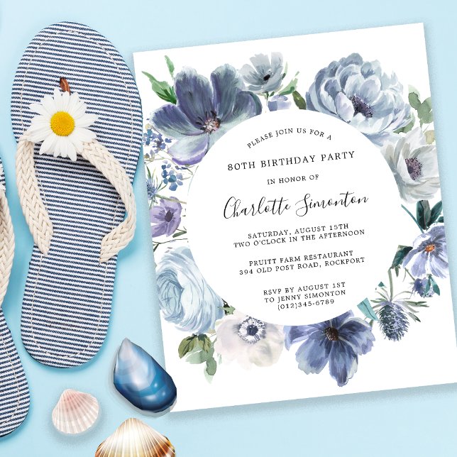 Budget Dusty Blue Floral 80th Birthday Invitation (Creator Uploaded)