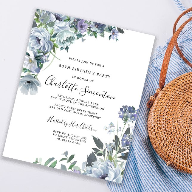 Budget Dusty Blue Floral 80th Birthday Invitation (Creator Uploaded)