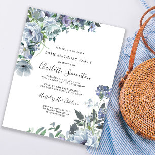 Budget Dusty Blue Floral 90th Birthday Invitation