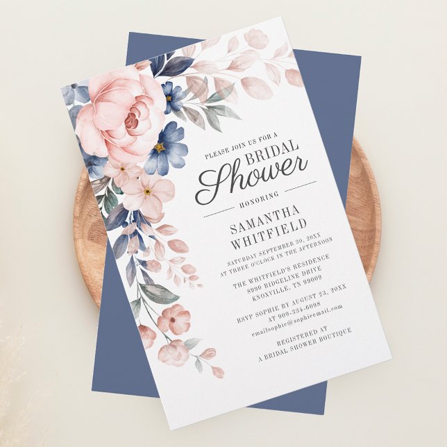 Budget Dusty Blue Floral Bridal Shower Invitation Stationery (Blush Pink Floral Script Bridal Shower Invitation Stationery)