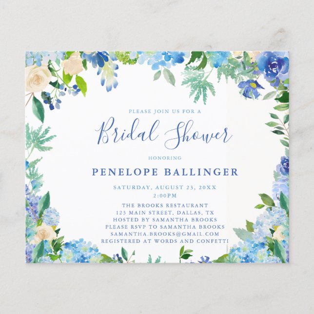 Budget Dusty Blue Floral Bridal Shower Invitations (Front)