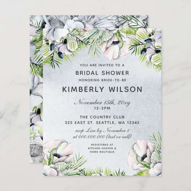 Budget Dusty Blue Floral Bridal Shower Invitations (Front/Back)