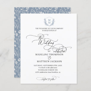 Budget Dusty Blue Floral Crest Monogram Wedding