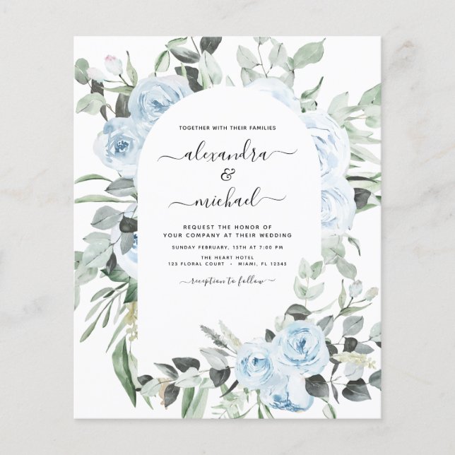 Budget Dusty Blue Floral Greenery Wedding Flyer (Front)