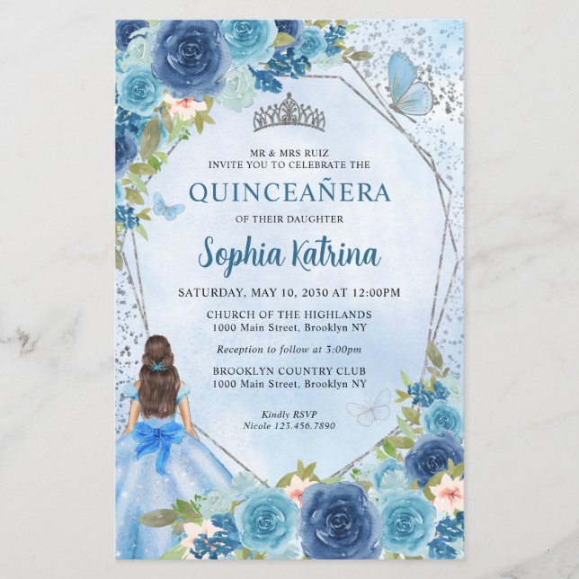 Budget Dusty Blue Floral Grey Princess Quinceañera (Front)