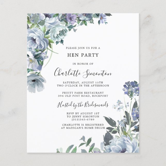 Budget Dusty Blue Floral Hen Party Invitation (Front)