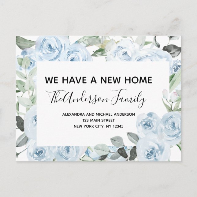 Budget Dusty Blue Floral Moving Announcement Postc Postcard (Front)