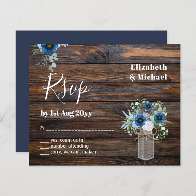 BUDGET Dusty Blue Floral RSVP Rustic Wedding (Front/Back)