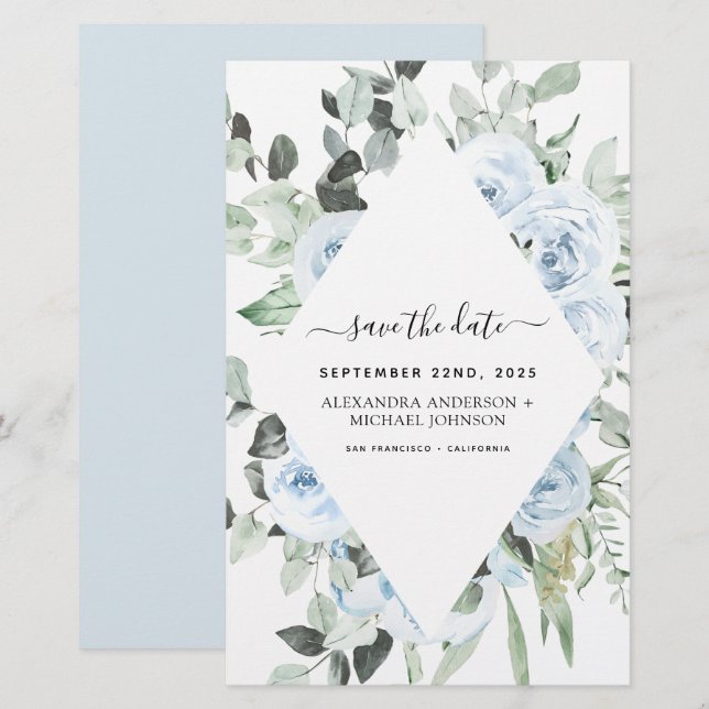 Budget Dusty Blue Floral Save the Date Greenery (Front/Back)