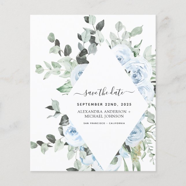 Budget Dusty Blue Floral Save the Date Greenery Flyer (Front)