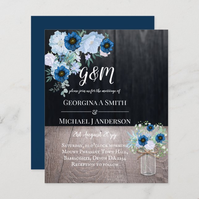 BUDGET Dusty Blue Floral Wedding Invite (Front/Back)
