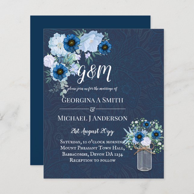 BUDGET Dusty Blue Floral Wedding Invite (Front/Back)