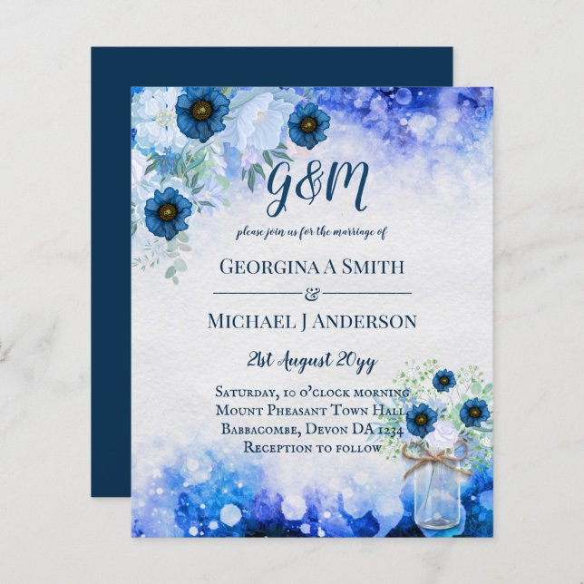 BUDGET Dusty Blue Floral Wedding Invite (Front/Back)