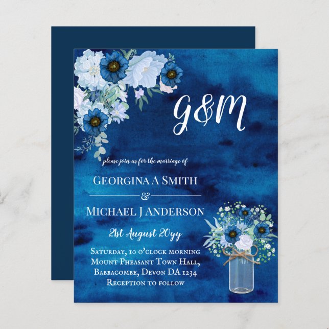BUDGET Dusty Blue Floral Wedding Invite (Front/Back)
