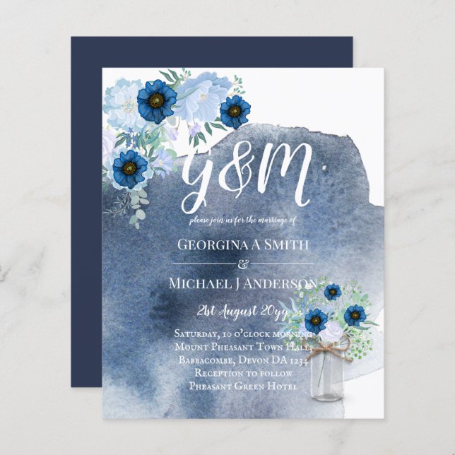 BUDGET Dusty Blue Floral Wedding Invite (Front/Back)