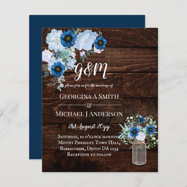 BUDGET Dusty Blue Floral Wedding Invite (Front/Back)