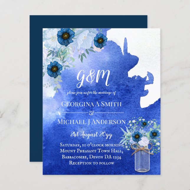 BUDGET Dusty Blue Floral Wedding Invite (Front/Back)
