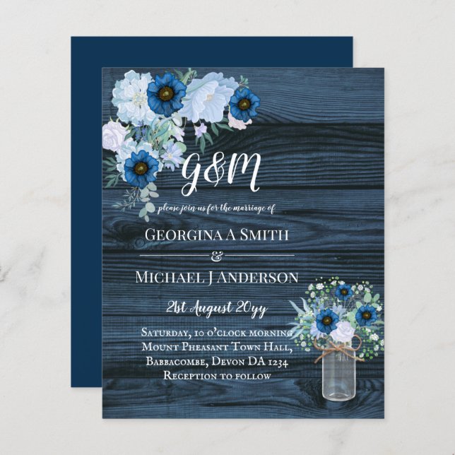 BUDGET Dusty Blue Floral Wedding Invite (Front/Back)