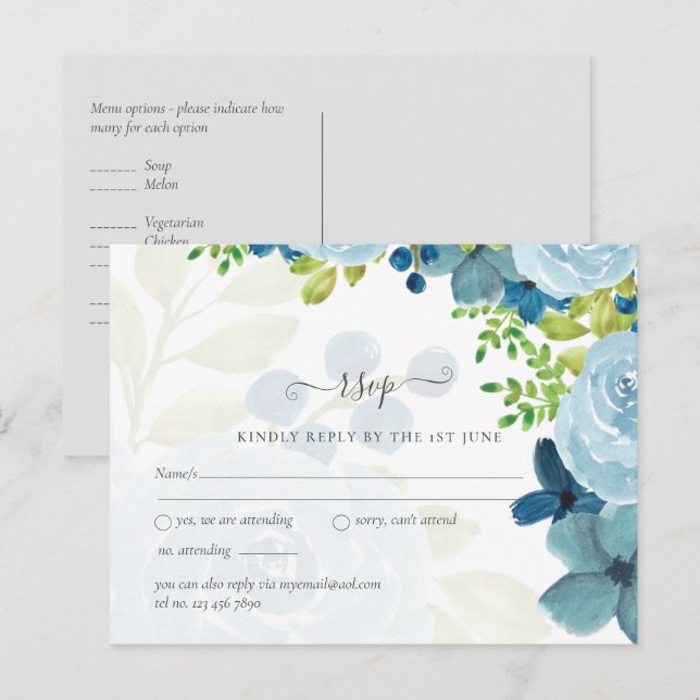 Budget Dusty Blue Floral Wedding Postcard (Front/Back)