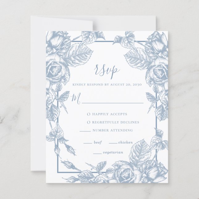 Budget Dusty Blue Floral Wedding RSVP Card (Front)