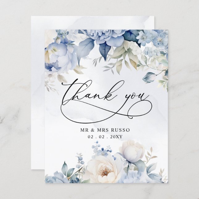 Budget Dusty Blue Floral Wedding Thank You Card (Front/Back)