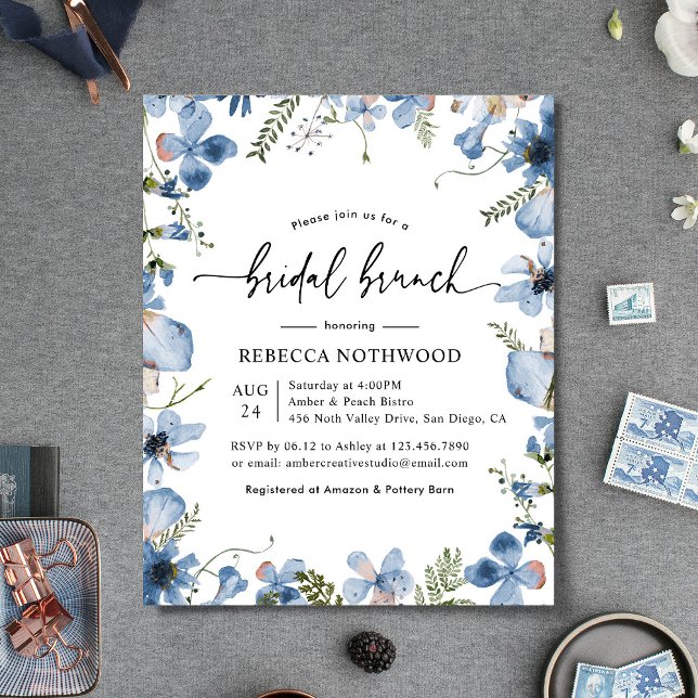 Budget Dusty Blue Florals Bridal Brunch Invitation (Creator Uploaded)