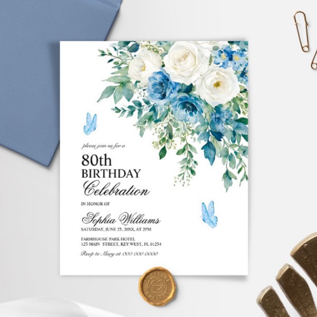 Budget Dusty Blue Flowers 80th Birthday invitation (Creator Uploaded)