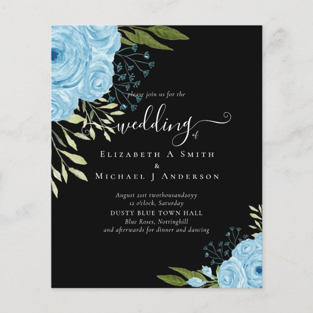 BUDGET  Dusty Blue Flowers Lime Wedding Flyer (Front)