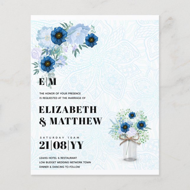 Budget Dusty Blue Flowers Mason Jar Wedding Invite Flyer (Front)