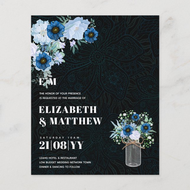 Budget Dusty Blue Flowers Mason Jar Wedding Invite Flyer (Front)