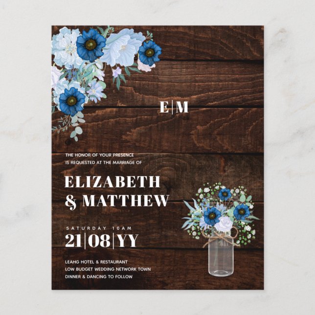 Budget Dusty Blue Flowers Mason Jar Wedding Invite Flyer (Front)