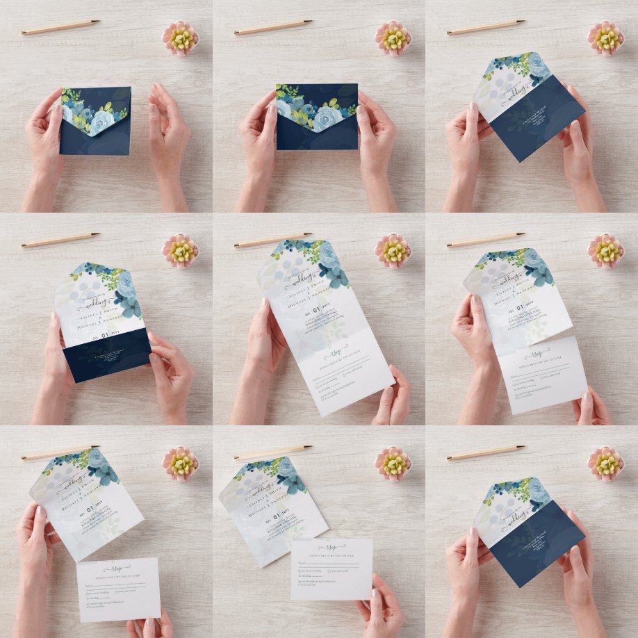 Budget Dusty Blue Flowers Sage Wedding All In One Invitation