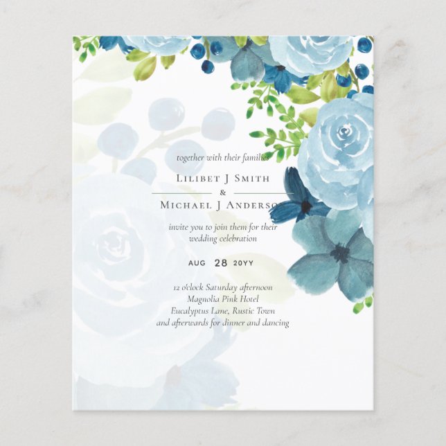 Budget Dusty Blue Flowers Sage Wedding Flyer (Front)