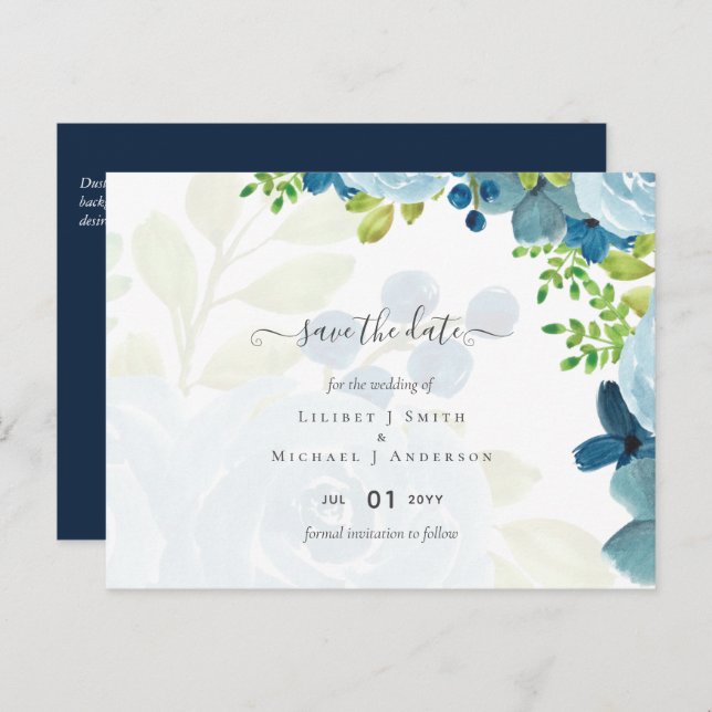 Budget Dusty Blue Flowers Sage Wedding Postcard (Front/Back)