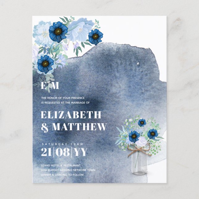 Budget Dusty Blue Flowers Wedding Invites Flyer (Front)
