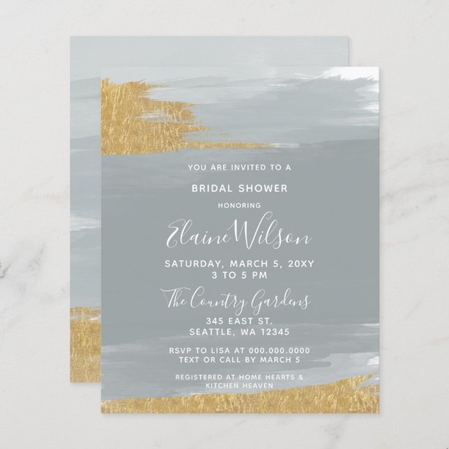 Budget Dusty Blue Gold Bridal Shower Invitation (Front/Back)