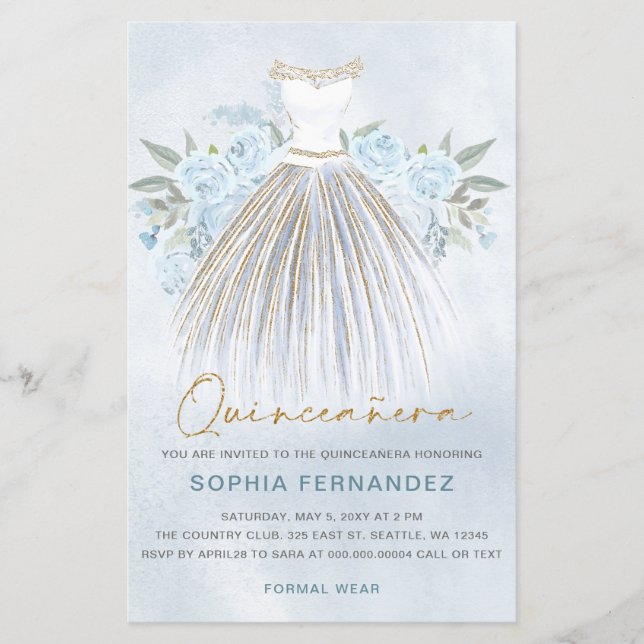 Budget Dusty Blue Gold Dress Quinceañera Invite (Front)