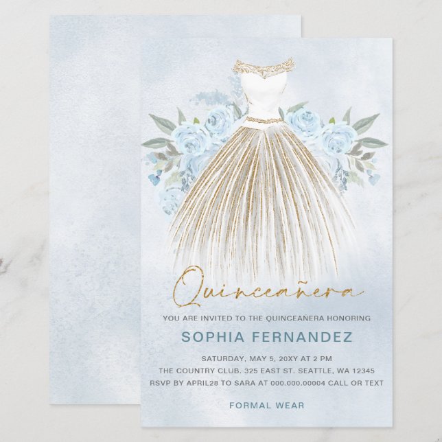 Budget Dusty Blue Gold Dress Quinceañera Invite (Front/Back)