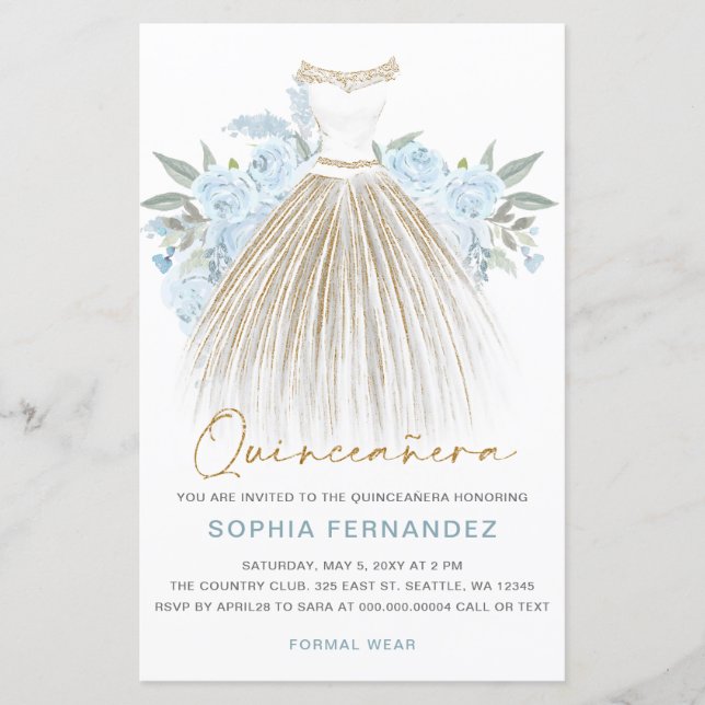 Budget Dusty Blue gold Dress Quinceañera Invite (Front)