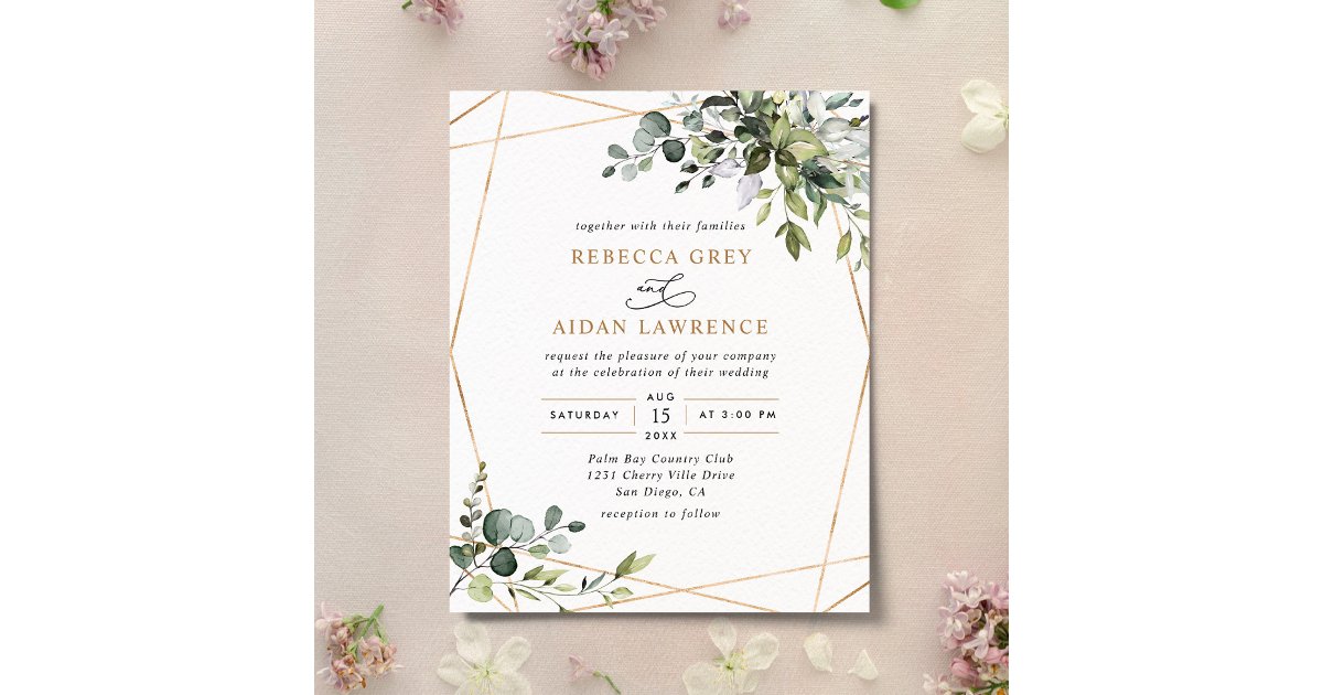 Budget Dusty Blue Greenery Gold Wedding Invitation | Zazzle