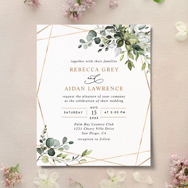 Budget Dusty Blue Greenery Gold Wedding Invitation | Zazzle