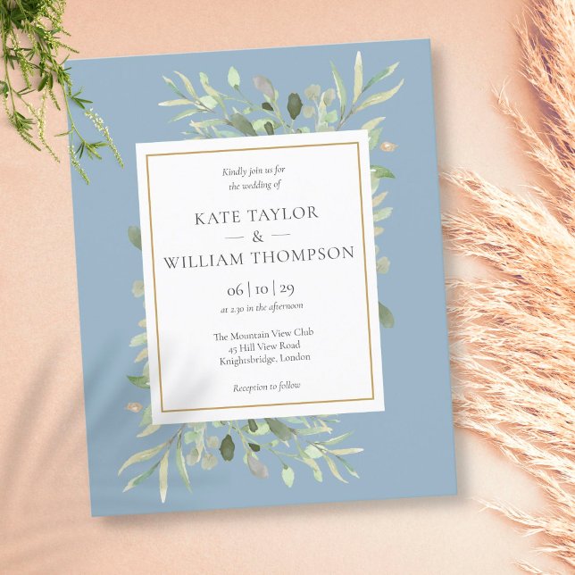 Budget Dusty Blue Greenery Wedding Invitation (Creator Uploaded)