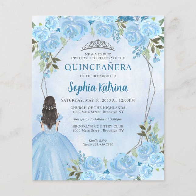 Budget Dusty Blue Grey Floral Princess Quinceañera (Front)
